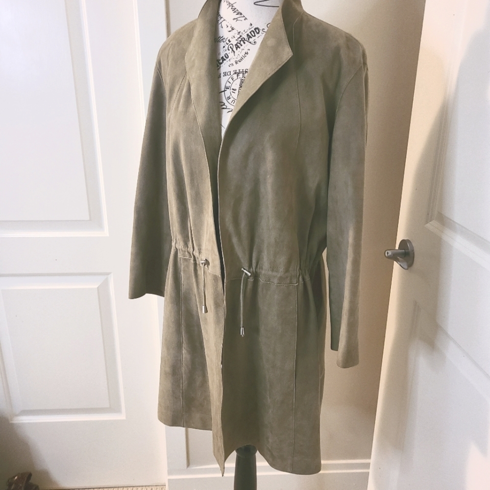 Suede Jacket Lafayette 148 Olive Green Size M Suede Open Front Over Coat